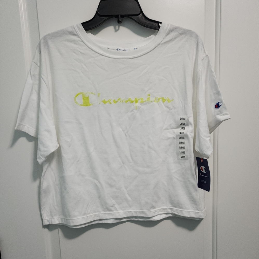 Champion tshirt white with lime green letters short sleeve
